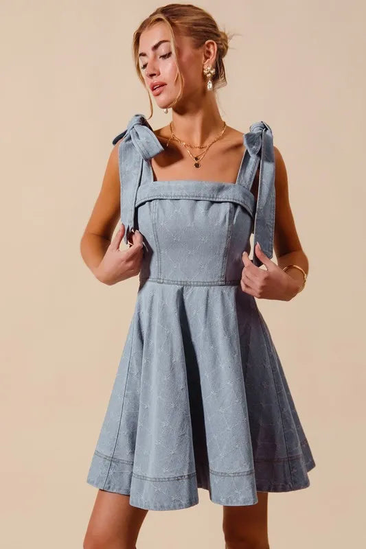 SO ME A Line Fit and Flare Diamond Bow Denim Dress Trendsi