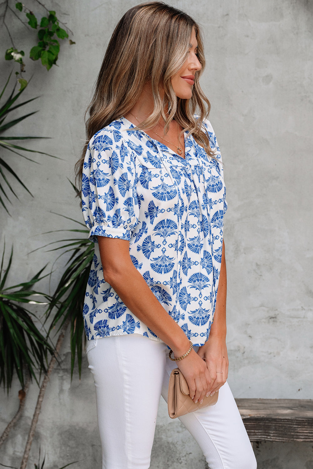 Grace Geometric Tassel Drawstring V Neck Blouse DAME BOHEME