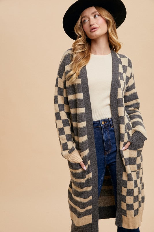 Checkered & Striped Open Front Long Sleeve Cardigan Trendsi