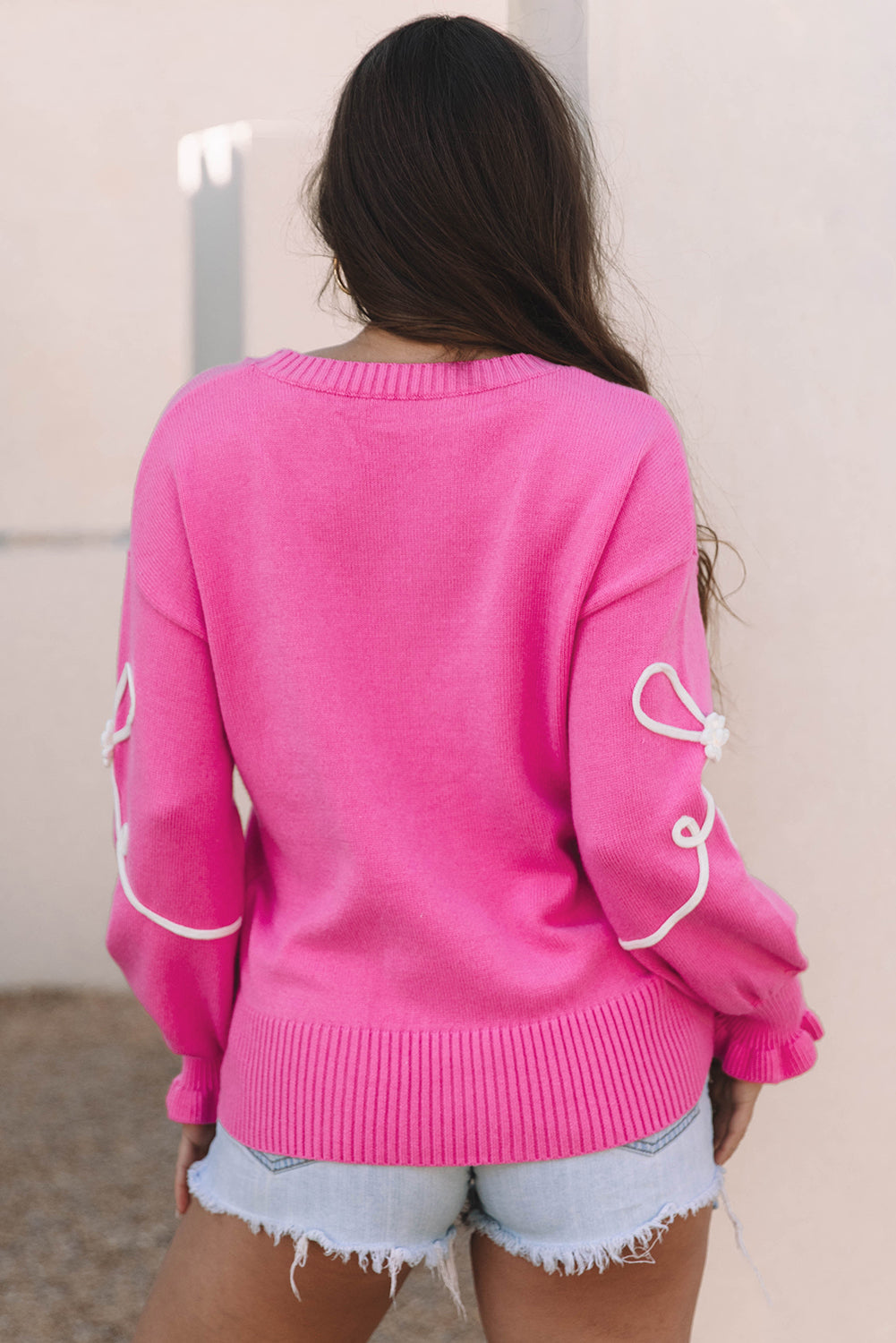 Corded Flower Bow Ribbed Trim Casual Sweater DAME BOHEME