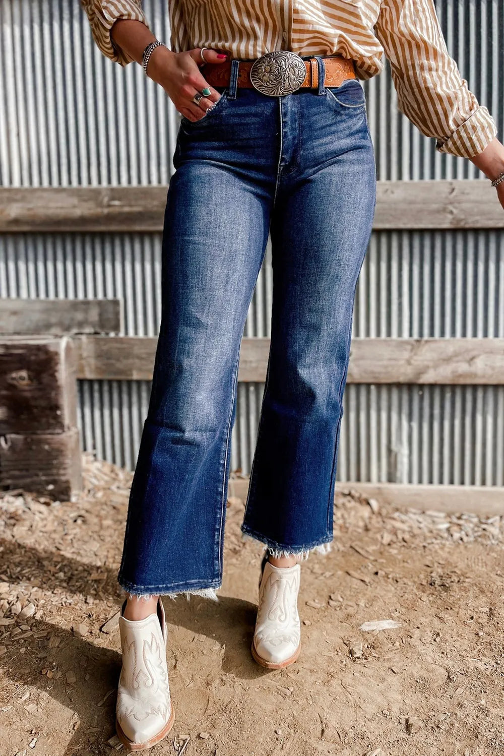 Mineral Wash Raw Hem High Waist Flared Jeans DAME BOHEME