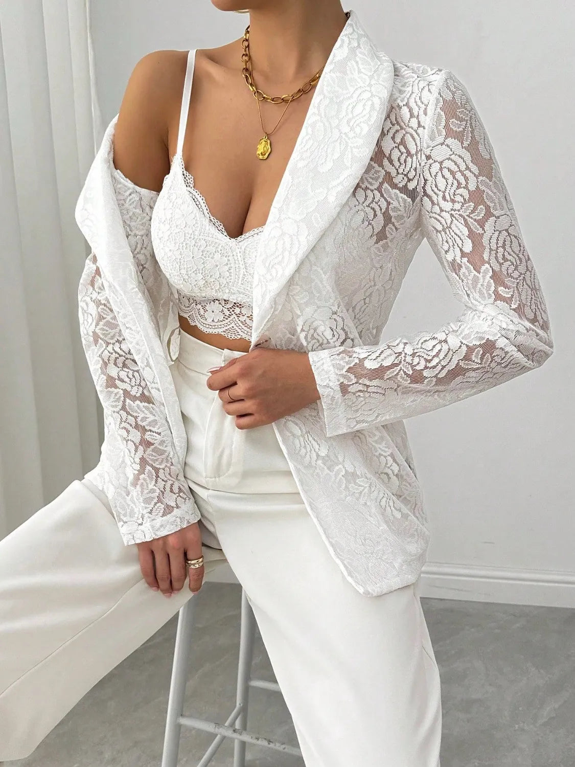Sheer White Lace Lapel Collar Long Sleeve Blazer Plus Size Trendsi