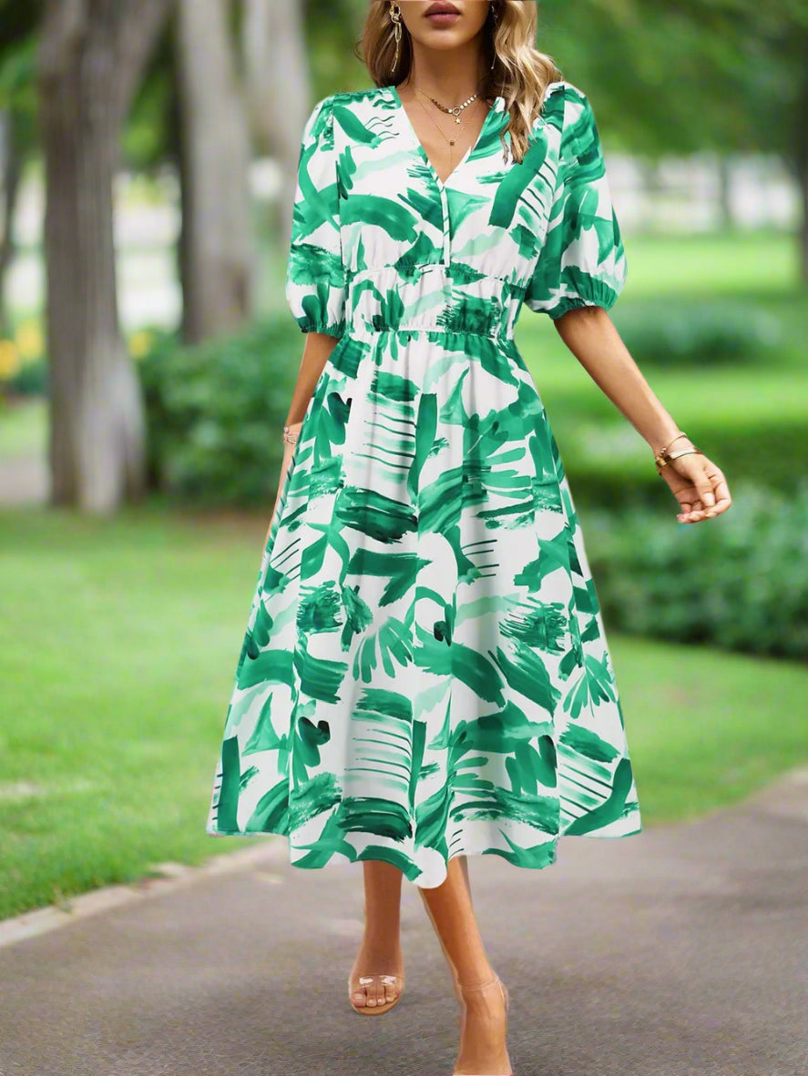 Ruched Roses Surplice Short Sleeve Dress Trendsi