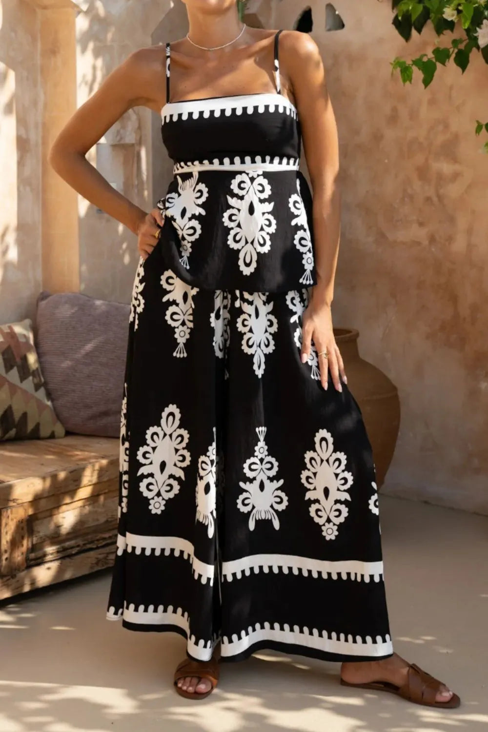 Printed Square Neck Cami and Wide Leg Pants Set Trendsi