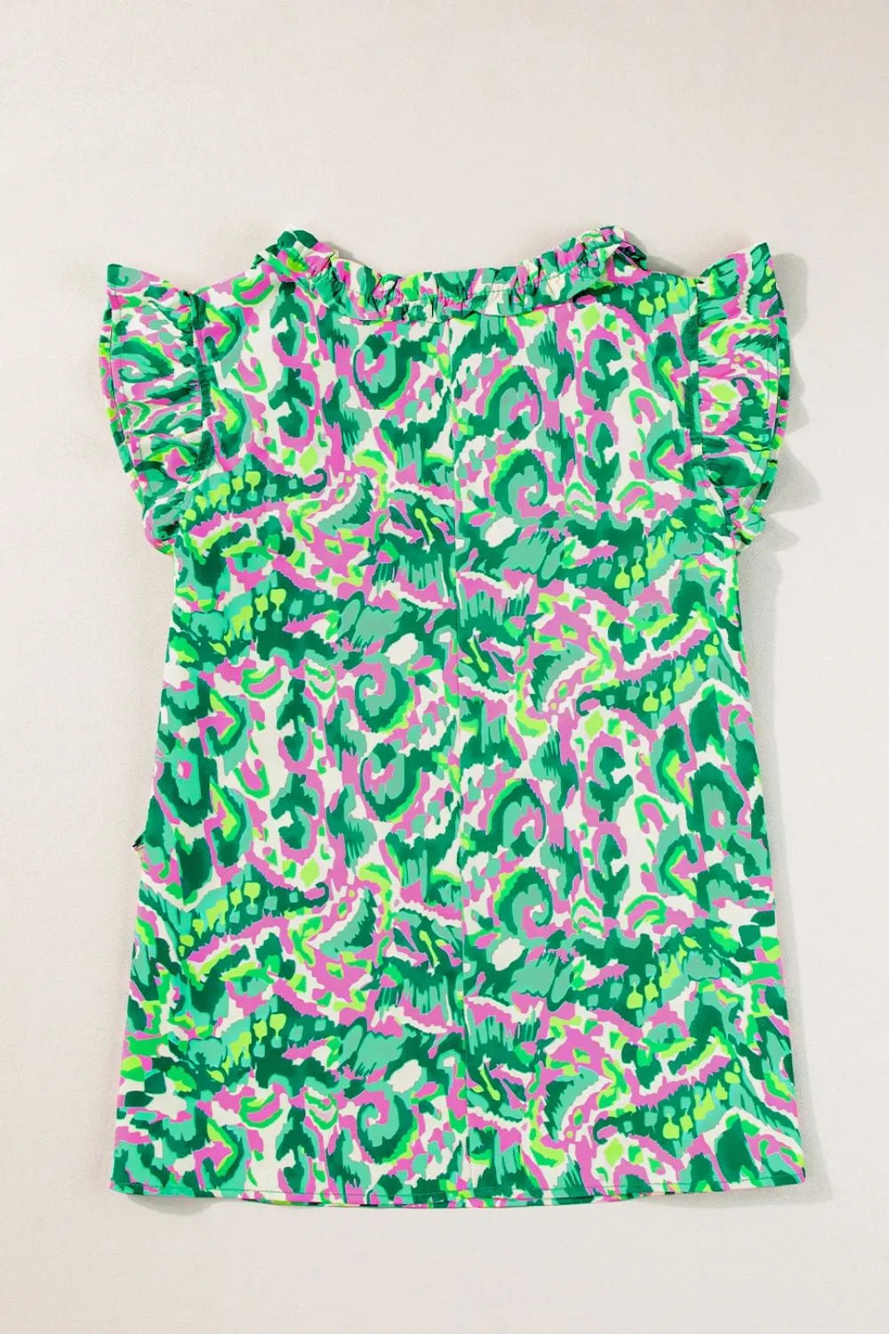 Abstract Print Ruffled Trim Tie Neck Top Simply Love