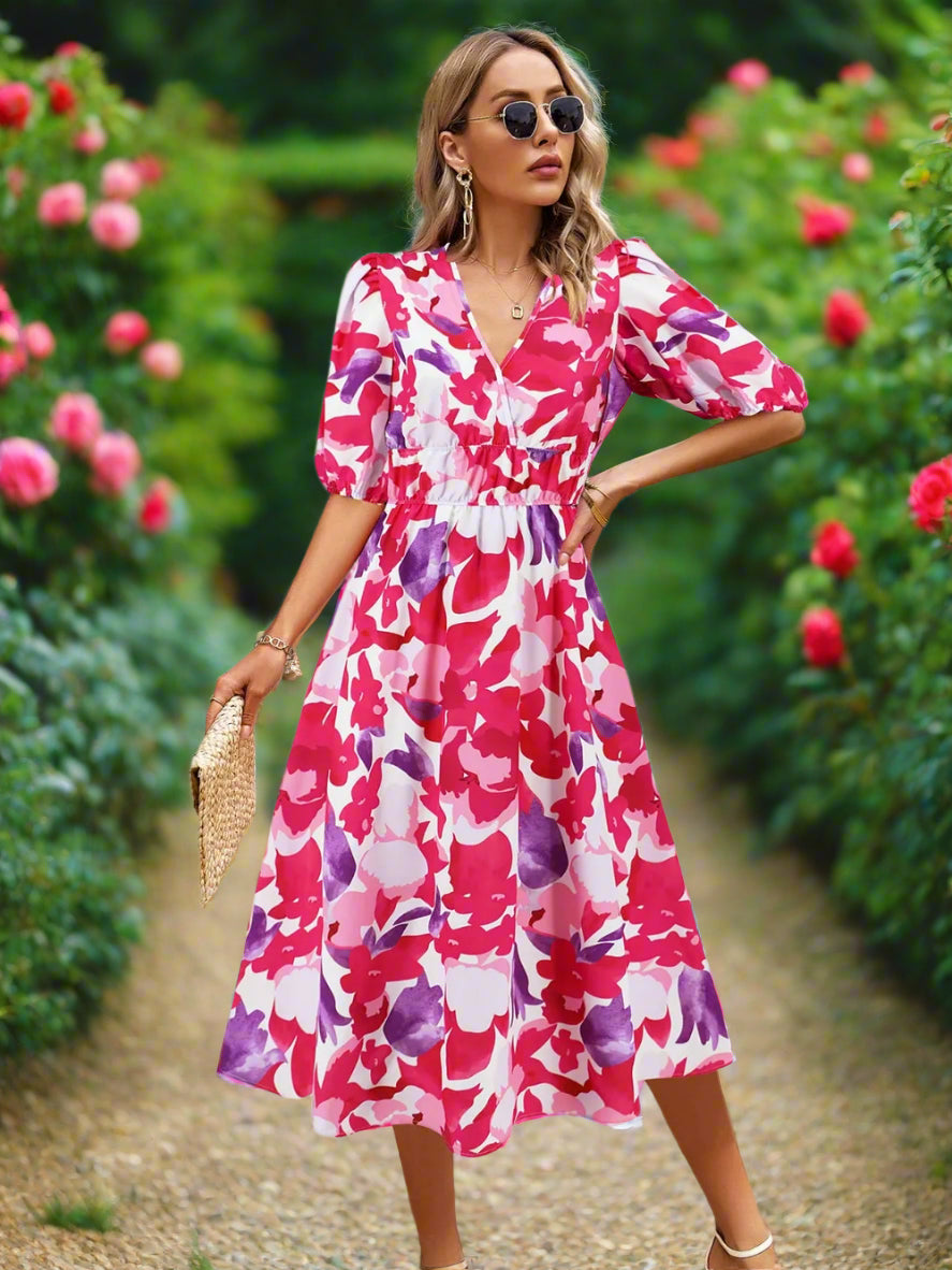 Ruched Roses Surplice Short Sleeve Dress Trendsi