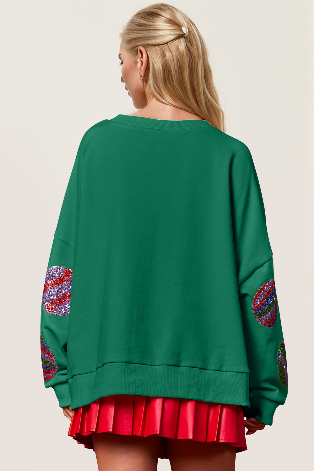 Double Take Christmas Element Sequin Round Neck Long Sleeve Sweatshirt DAME BOHEME