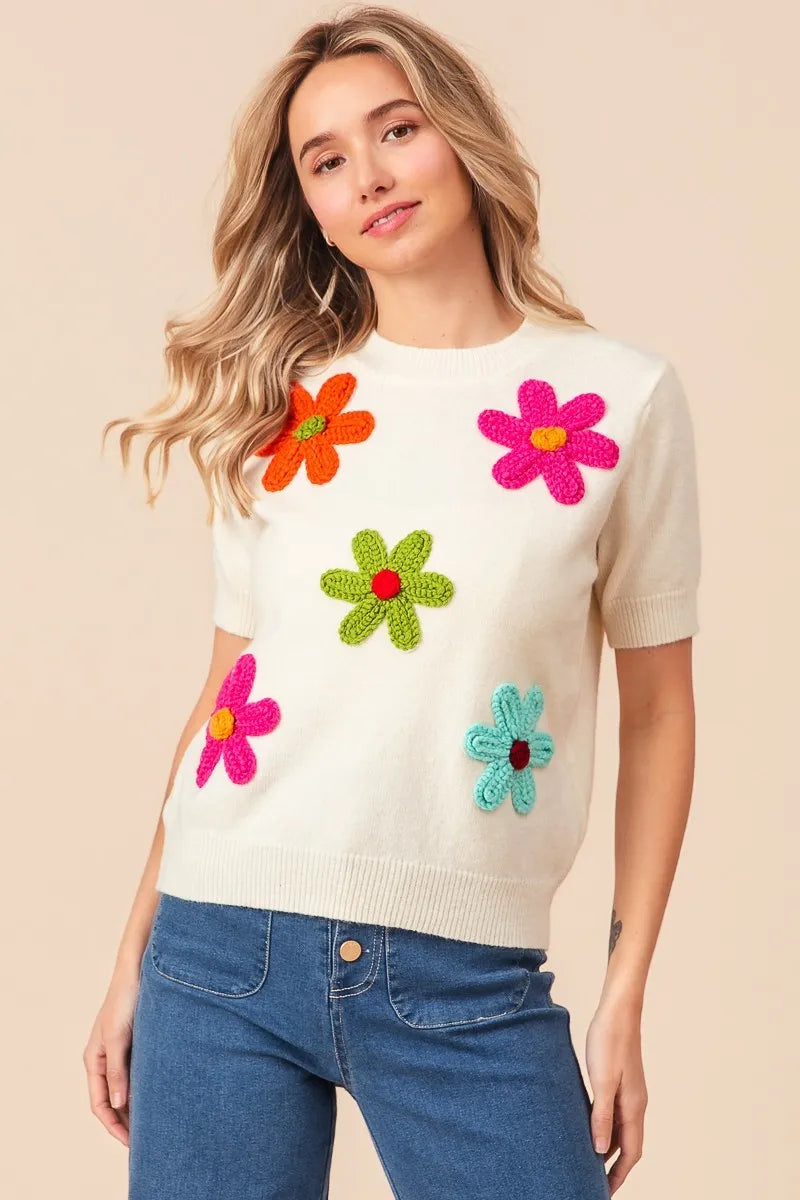 BiBi Crochet Flower Patch Sweater Top Trendsi