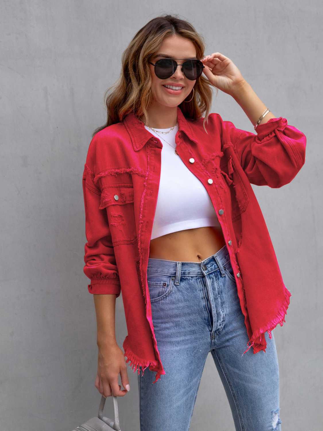 Distressed Drop Shoulder Denim Jacket Plus Size Trendsi