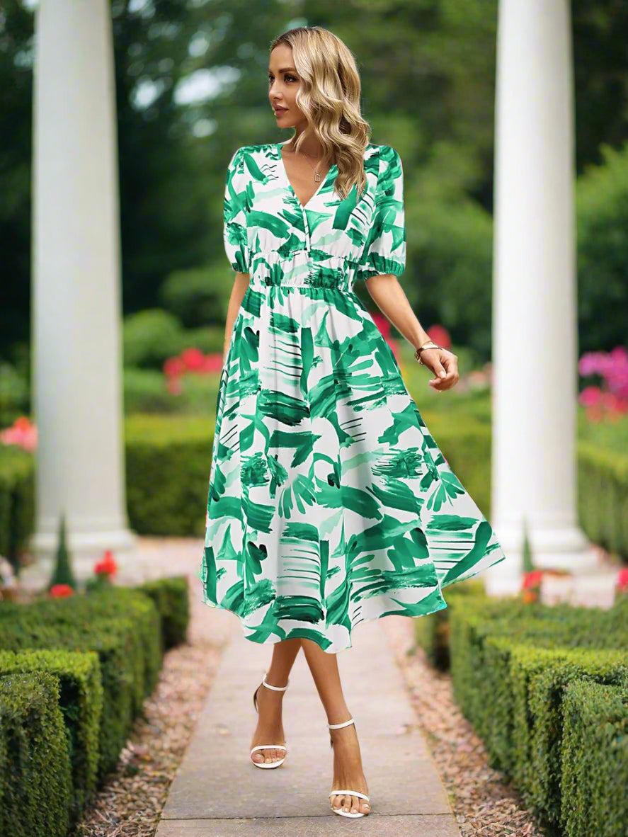 Ruched Roses Surplice Short Sleeve Dress Trendsi