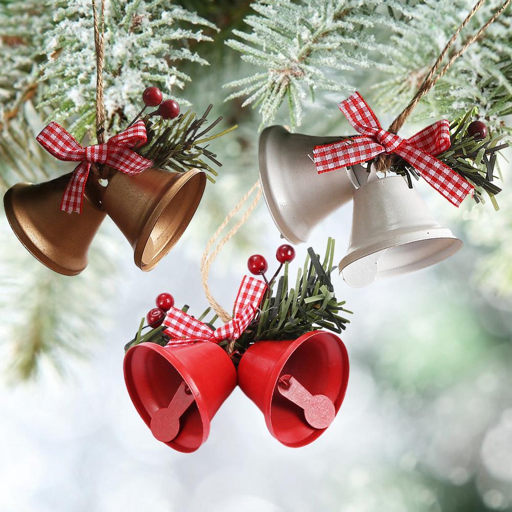 Christmas Bell Ornament Metal Dual Bell Christmas Bell Ornament Decoration with Berry Plaid Bow Christmas Tree Pendants For Making Wind Chimes Christmas Tree Hang Pendant Hang On Door wall porch DAME BOHEME