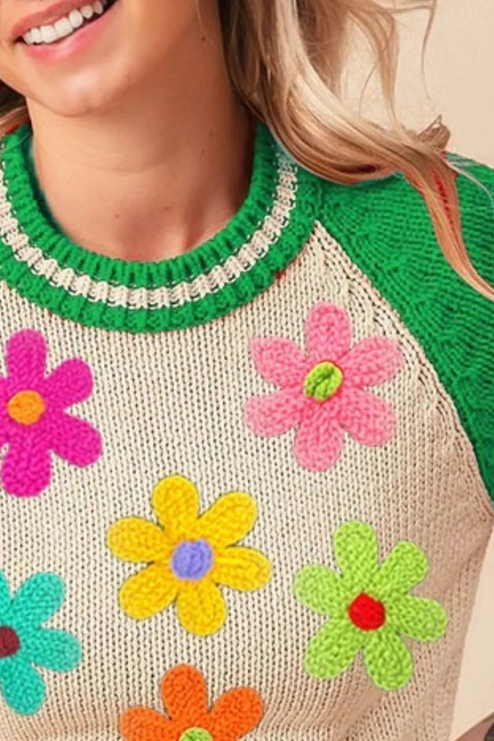 BiBi Crochet Flower Patches Striped Rib Band Sweater DAME BOHEME