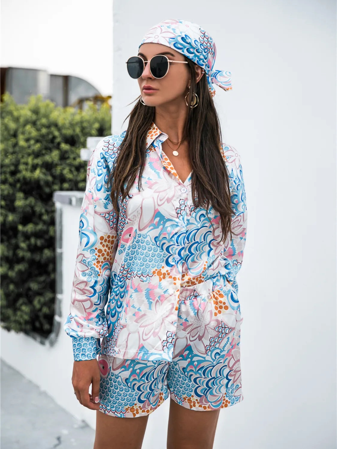 Printed Button Up Long Sleeve Shirt and Shorts 3 Pc Set Trendsi