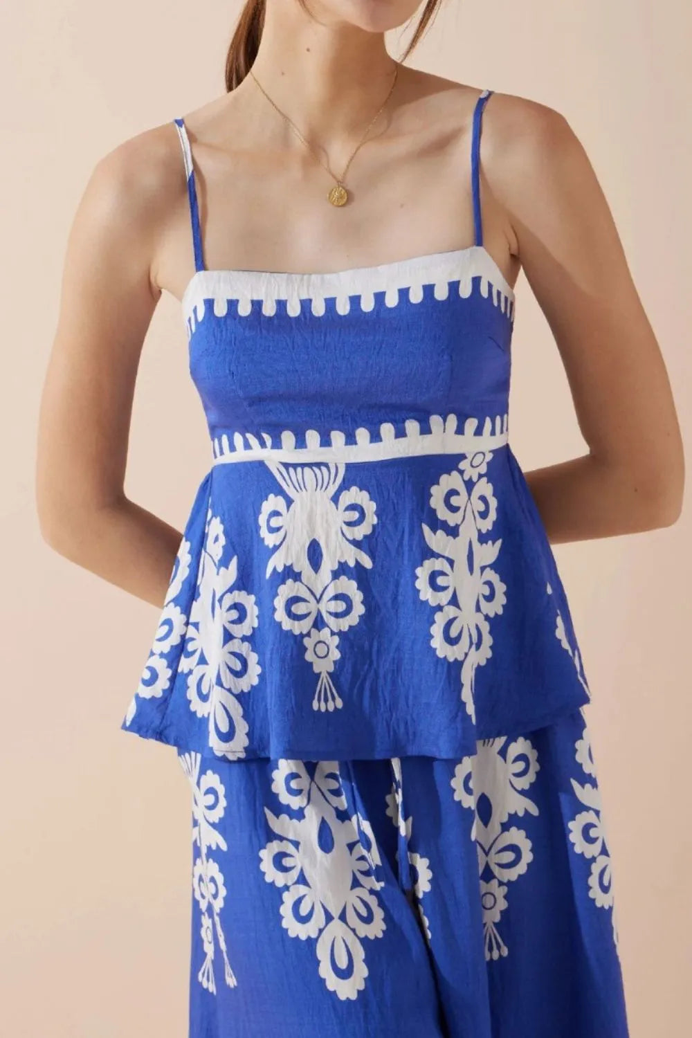 Printed Square Neck Cami and Wide Leg Pants Set Trendsi