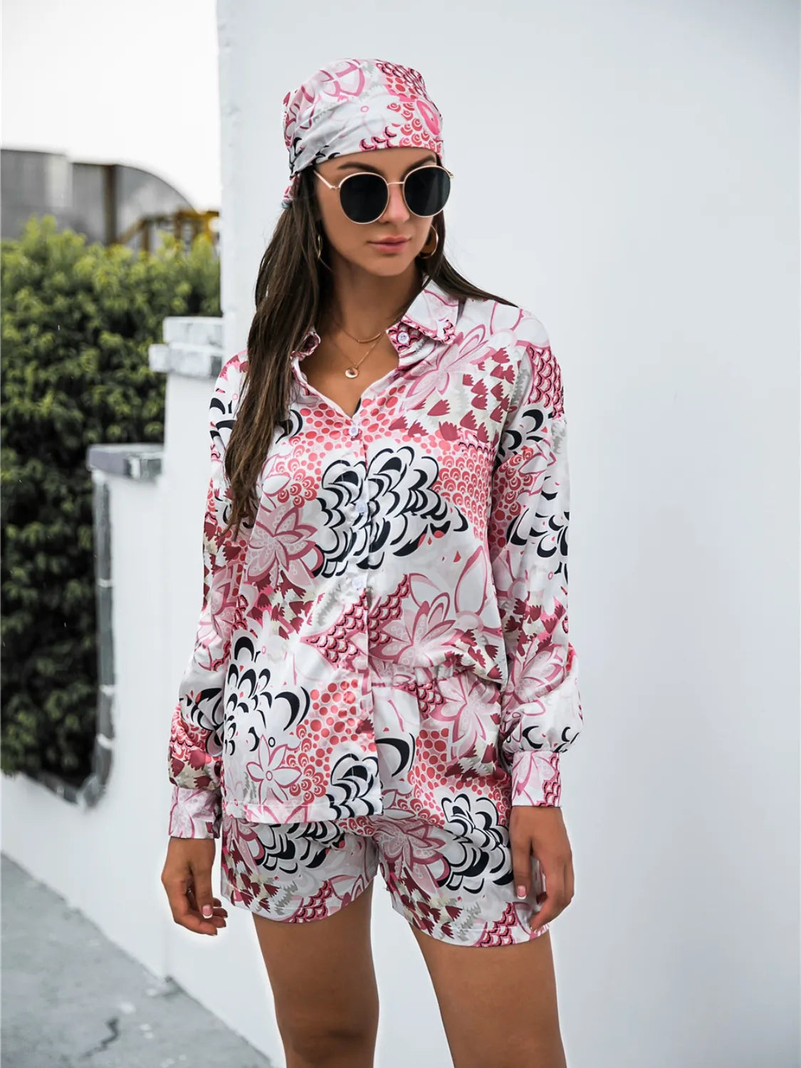 Printed Button Up Long Sleeve Shirt and Shorts 3 Pc Set Trendsi
