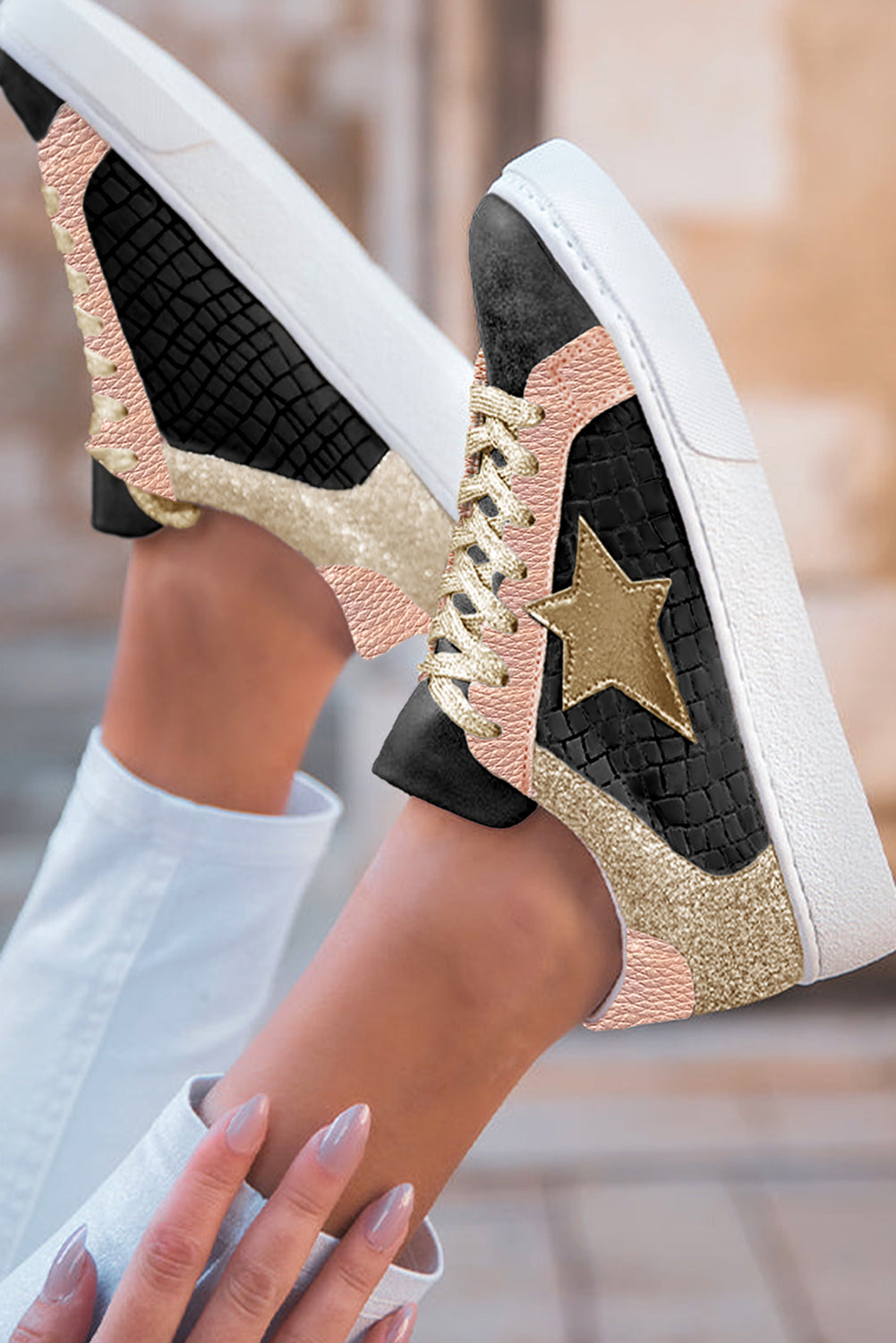 Clare Gold Glitter Star Lace-up Sneakers DAME BOHEME