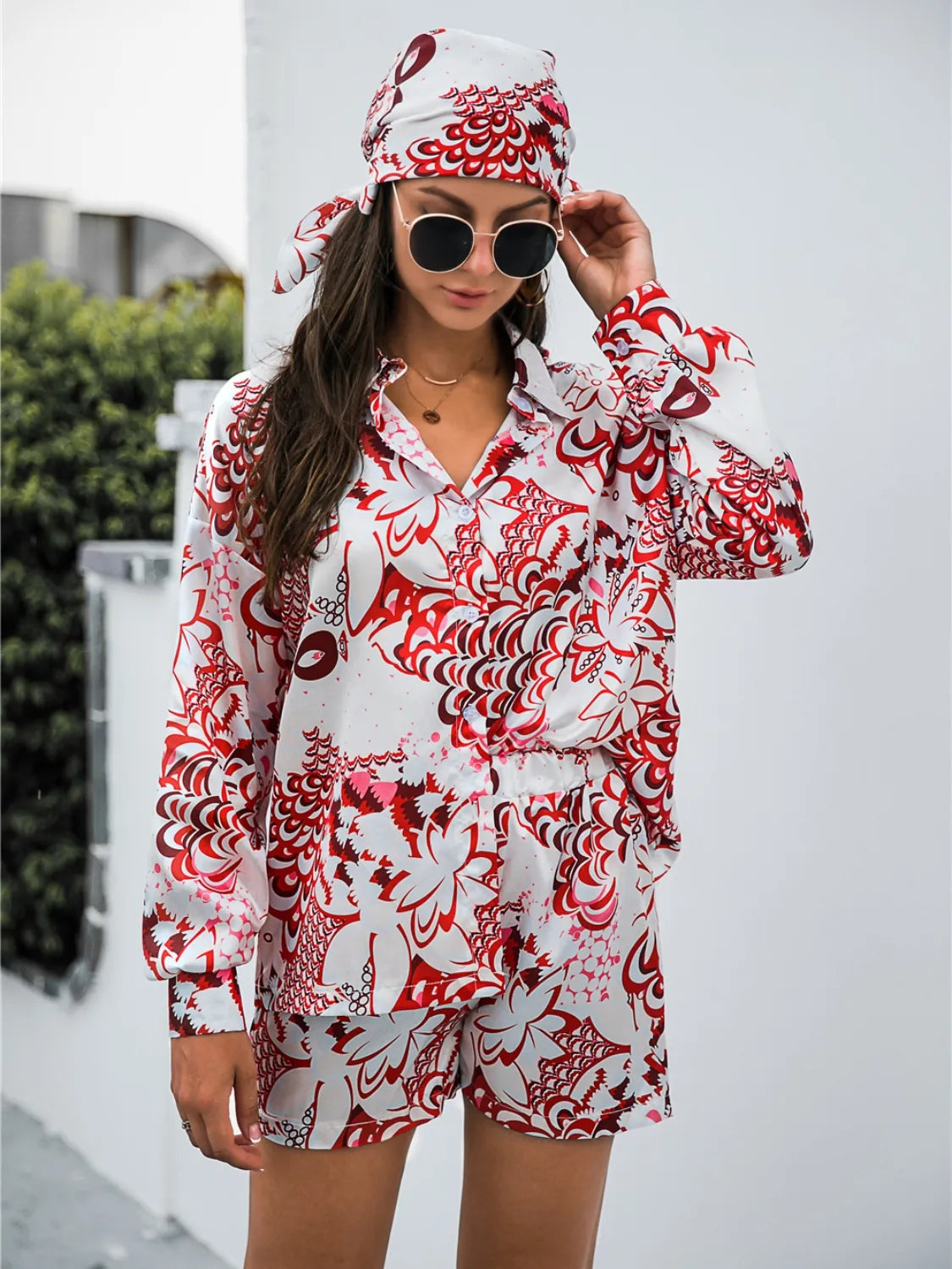 Printed Button Up Long Sleeve Shirt and Shorts 3 Pc Set Trendsi