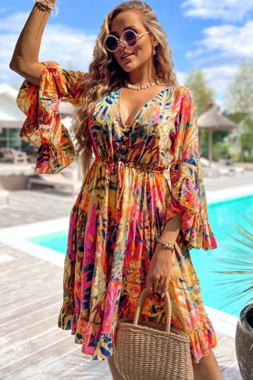 Printed Flare Sleeve Ruffled Hem Dress Trendsi