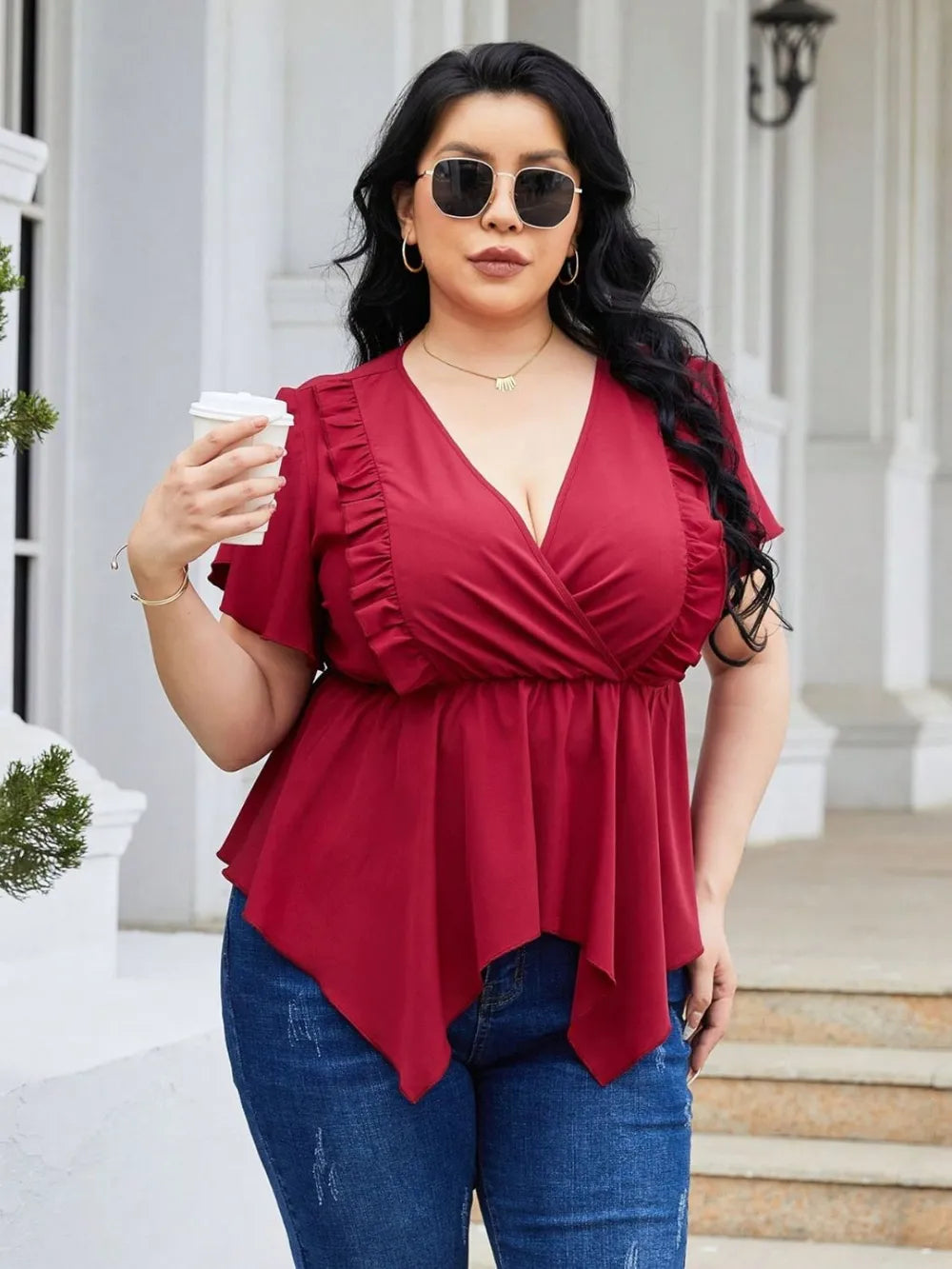 Plus Size Frill Surplice Flutter Sleeve Blouse Trendsi