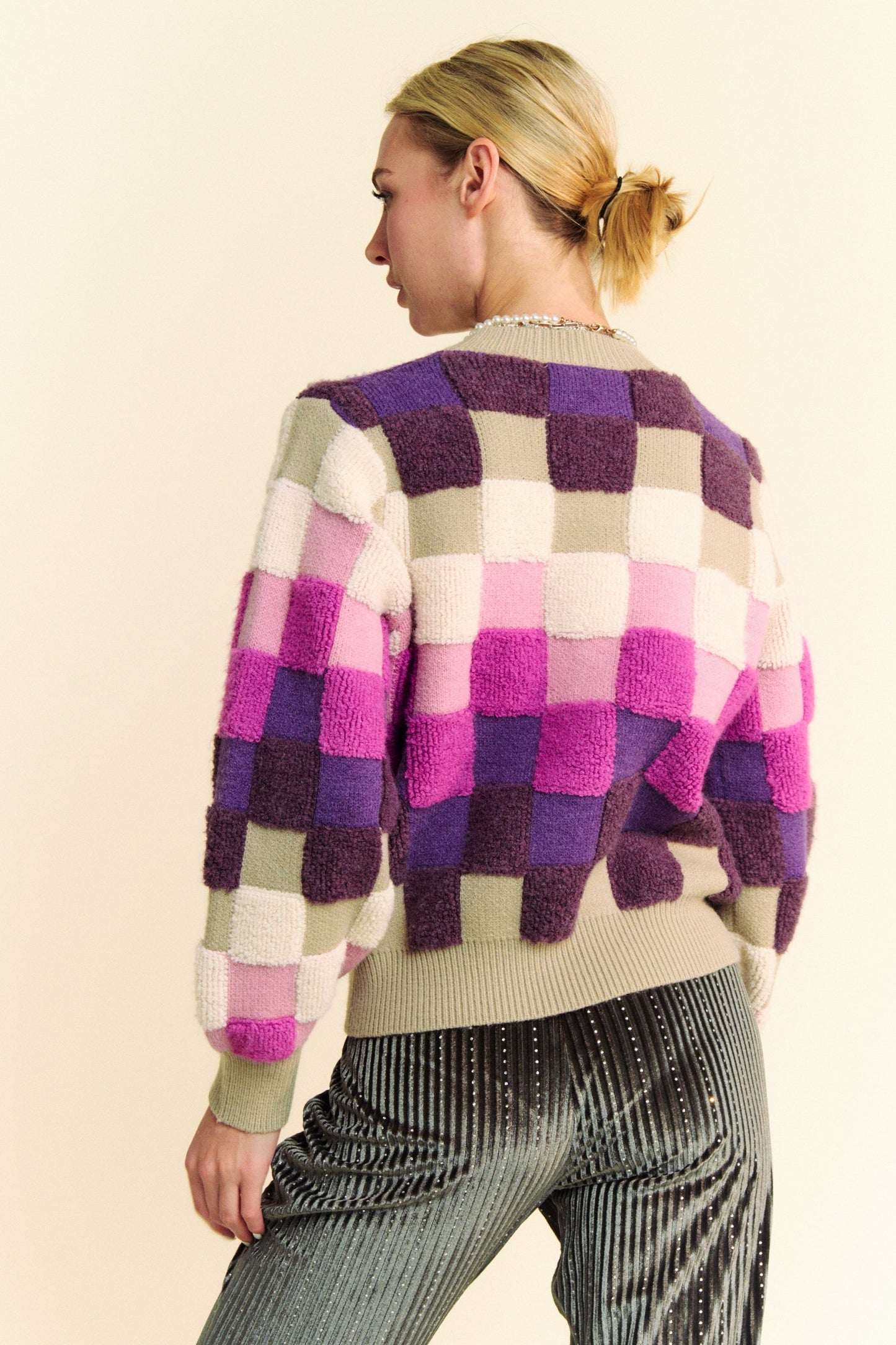 Davi & Dani Checkered Round Neck Long Sleeve Sweater Trendsi