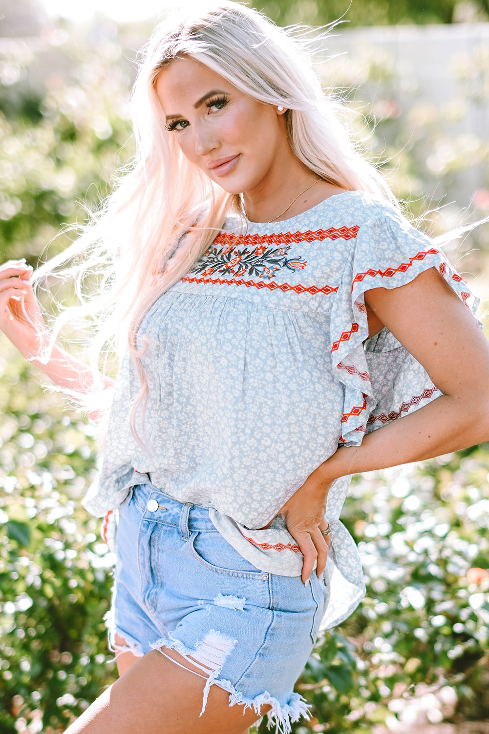 Angie Boho Embroidered Floral Print Flutter Sleeve Blouse DAME BOHEME