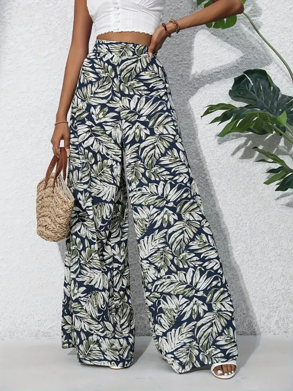 Tropical Print High Waist Wide Leg Pants Trendsi