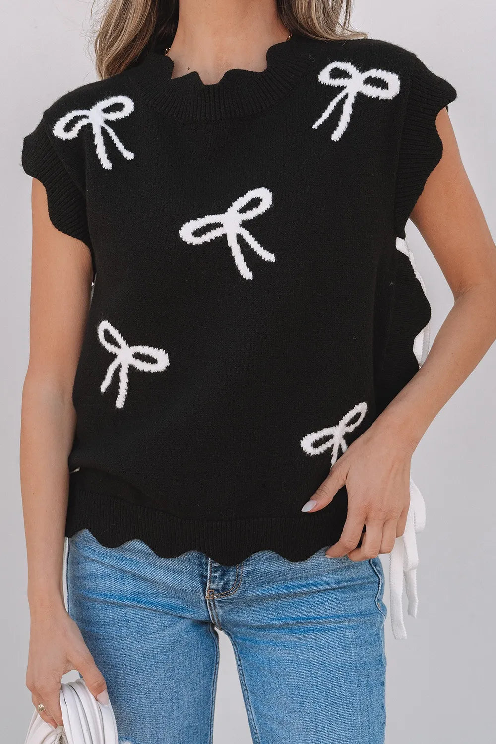 Bow Side Ties Scalloped Hem Cap Sleeve Sweater Simply Love