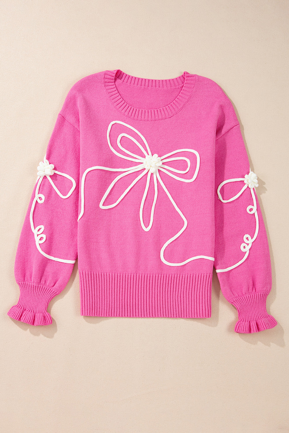 Corded Flower Bow Ribbed Trim Casual Sweater DAME BOHEME