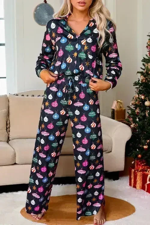 Navy Blue Colorful Christmas Lights Print Shirt and Pants Pajama Set DAME BOHEME