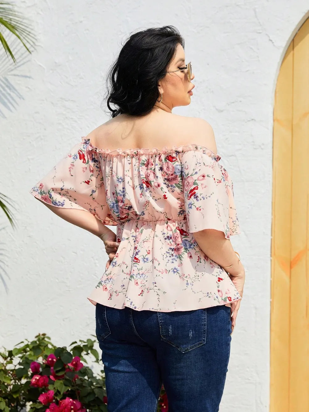 Plus Size Frill Floral Printed Flutter Sleeve Blouse Trendsi