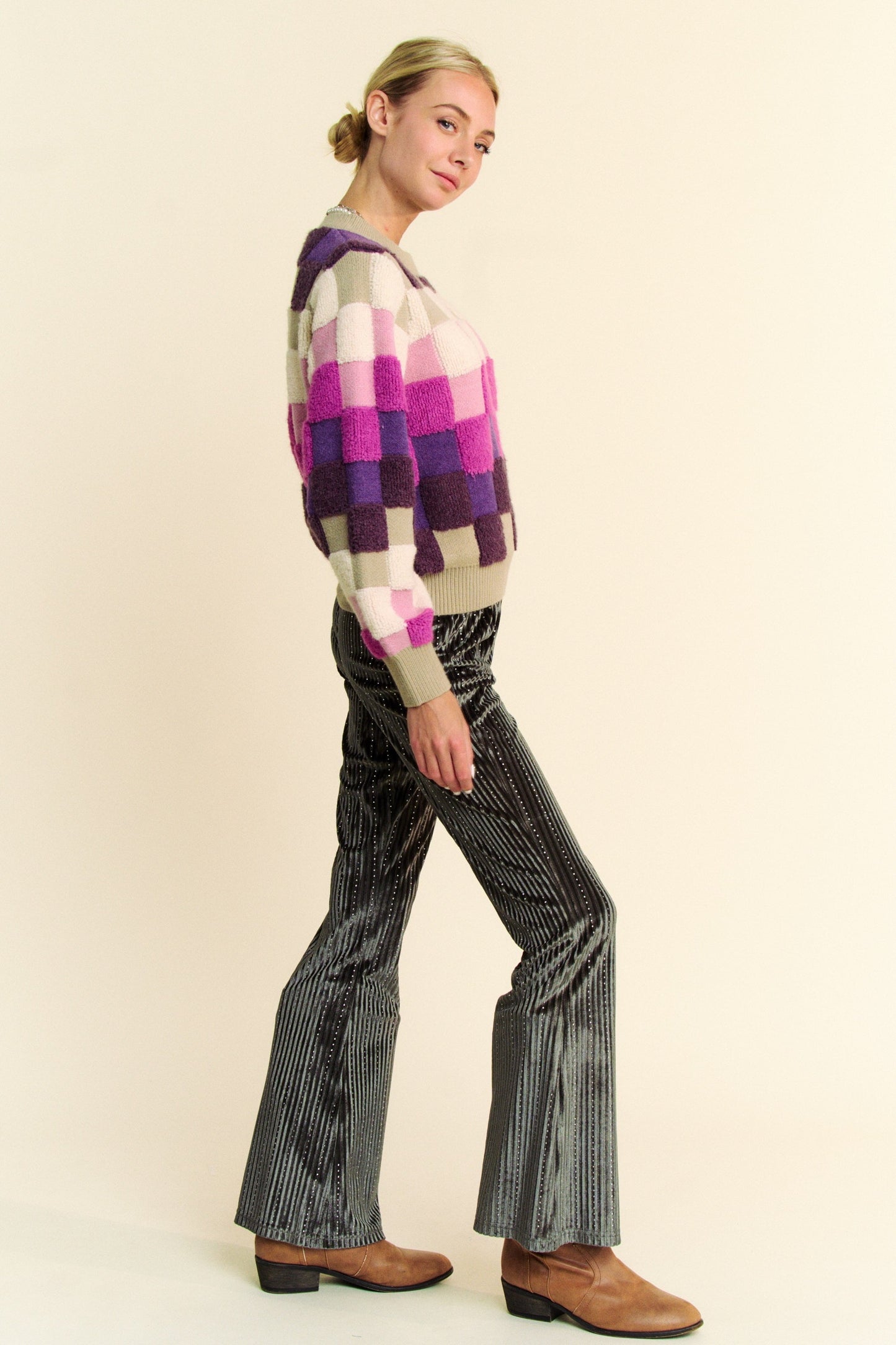 Davi & Dani Checkered Round Neck Long Sleeve Sweater Trendsi