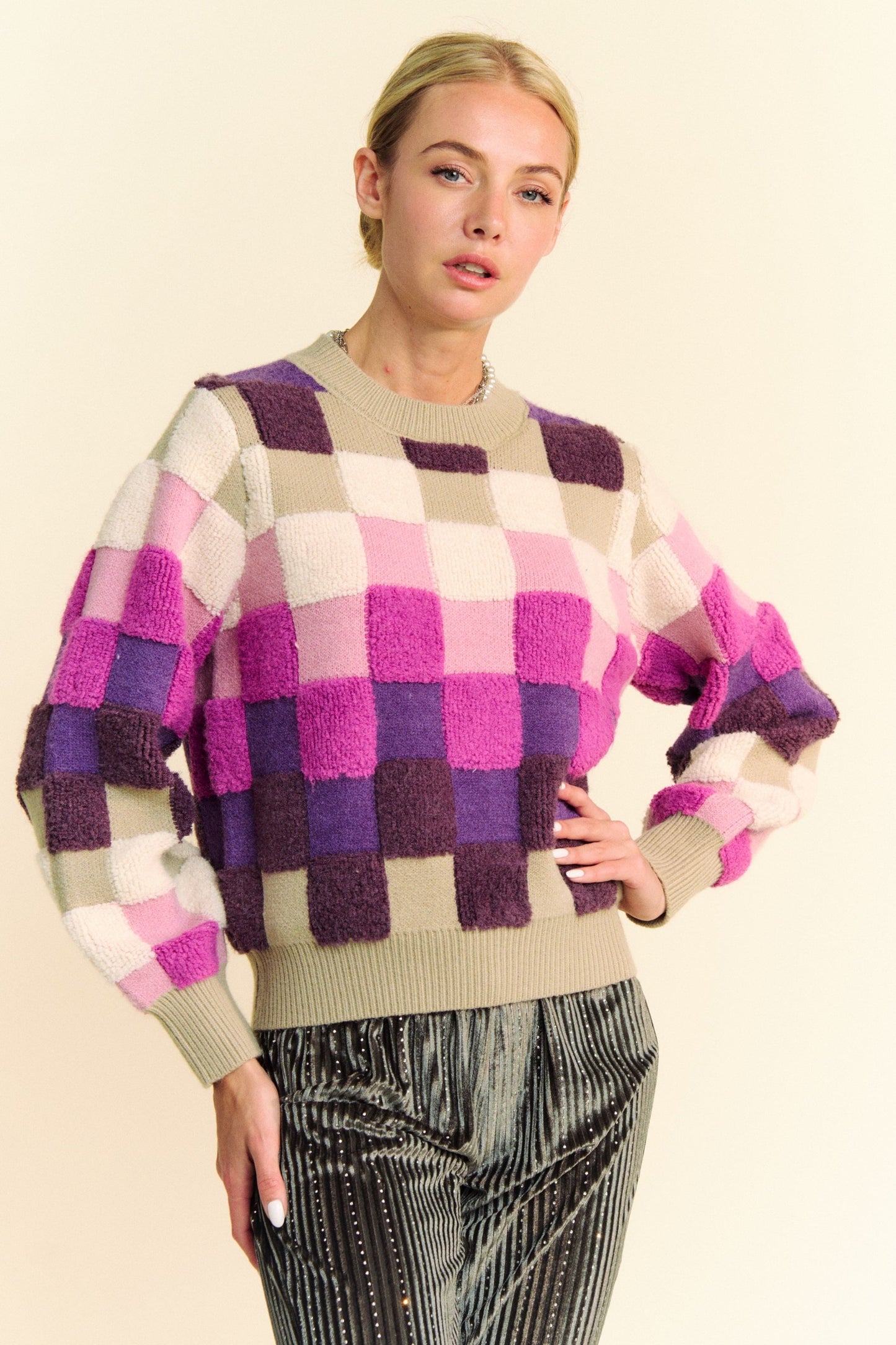 Davi & Dani Checkered Round Neck Long Sleeve Sweater Trendsi