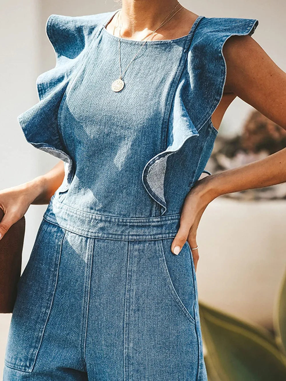Ruffled Cris Cross Sleeveless Denim Jumpsuit Trendsi