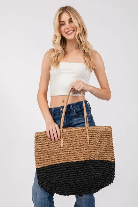 Fame Straw Braided Beach Tote Bag Trendsi