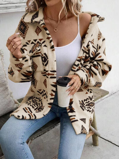 Geometric Aztec Print Button Up Jacket DAME BOHEME