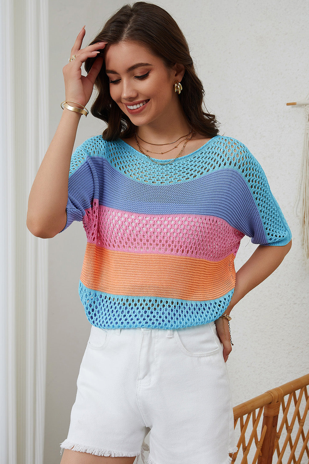 April Knitted Eyelet Colorblock Striped Half Sleeves Top DAME BOHEME
