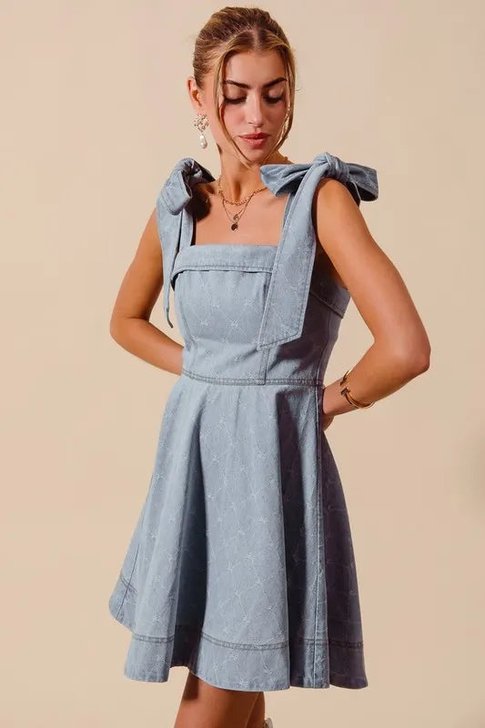 SO ME A Line Fit and Flare Diamond Bow Denim Dress Trendsi
