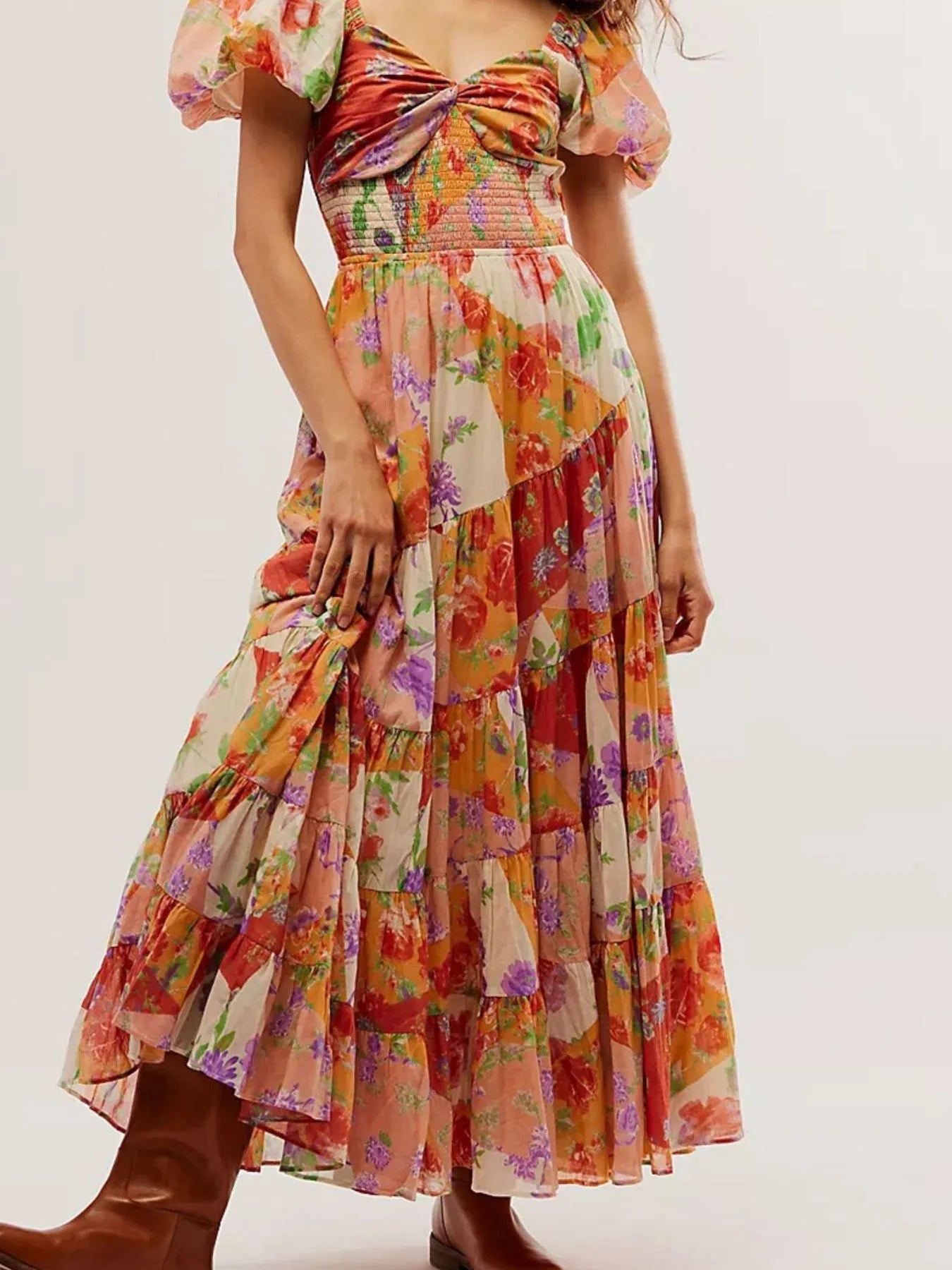 Printed Sweetheart Neck Puff Sleeve Maxi Dress Trendsi
