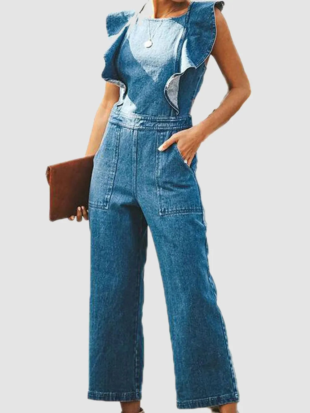 Ruffled Cris Cross Sleeveless Denim Jumpsuit Trendsi