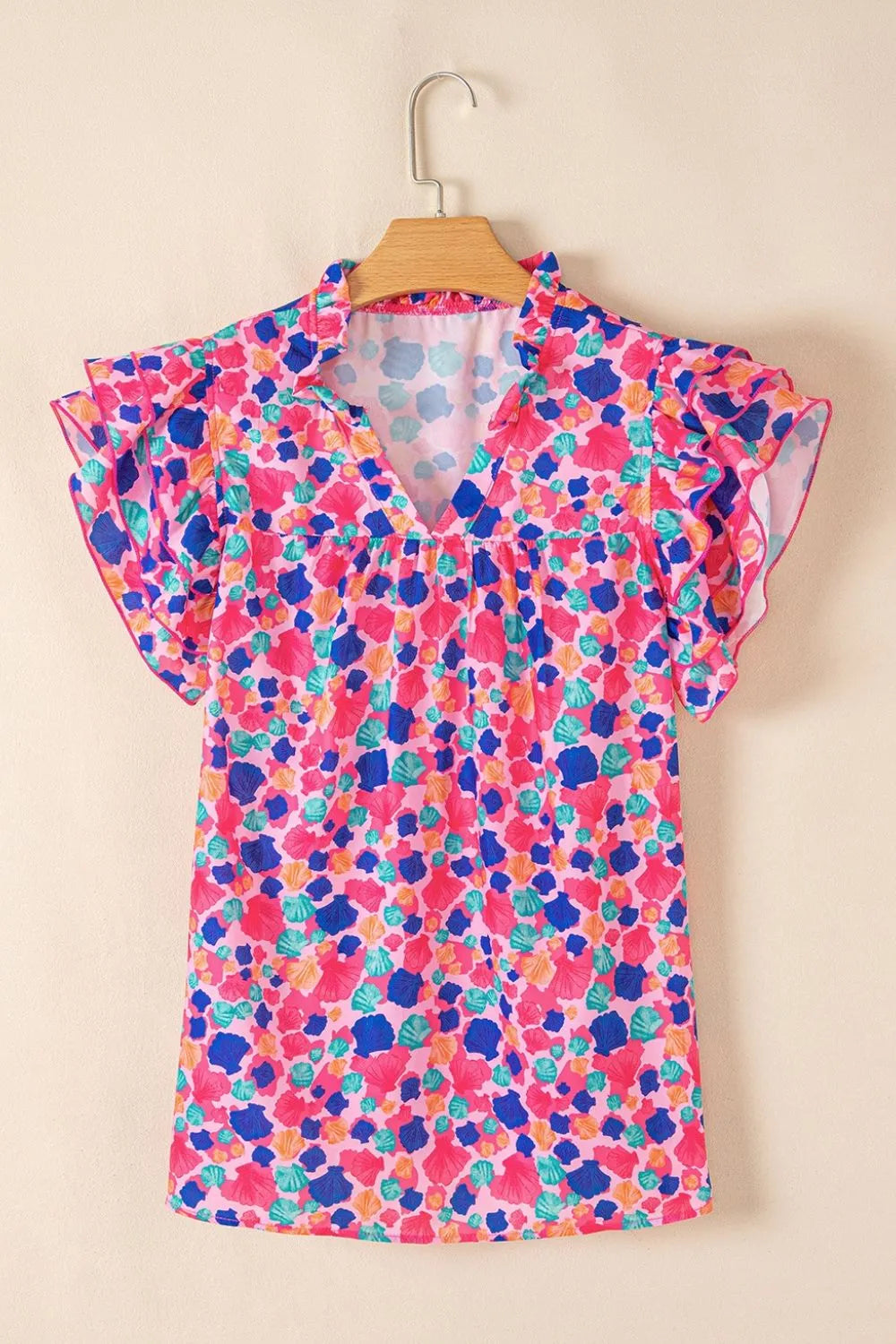 Abstract Print Ruffled Sleeve Notched Blouse Simply Love