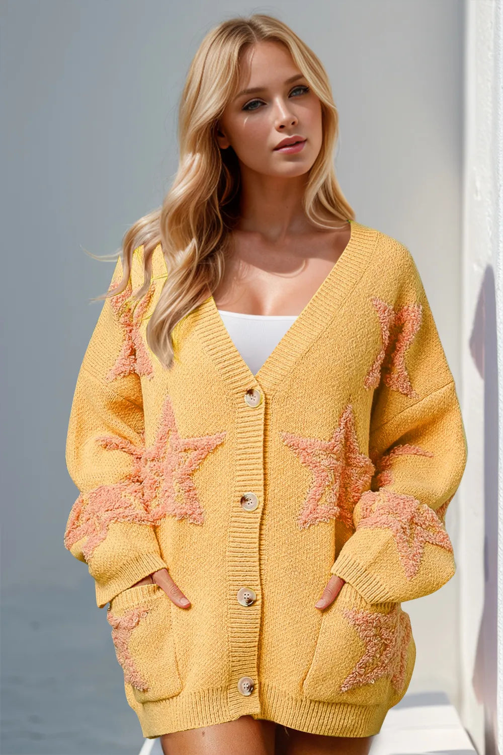 Double Take Full Size Button Up Star Pattern Cardigan DAME BOHEME