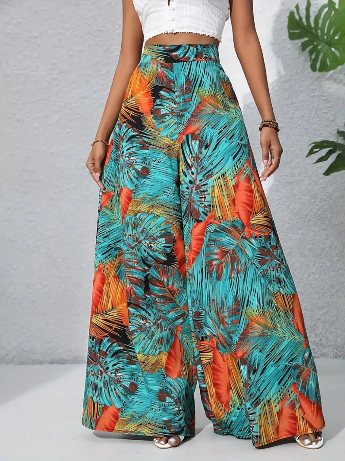 Tropical Print High Waist Wide Leg Pants Trendsi