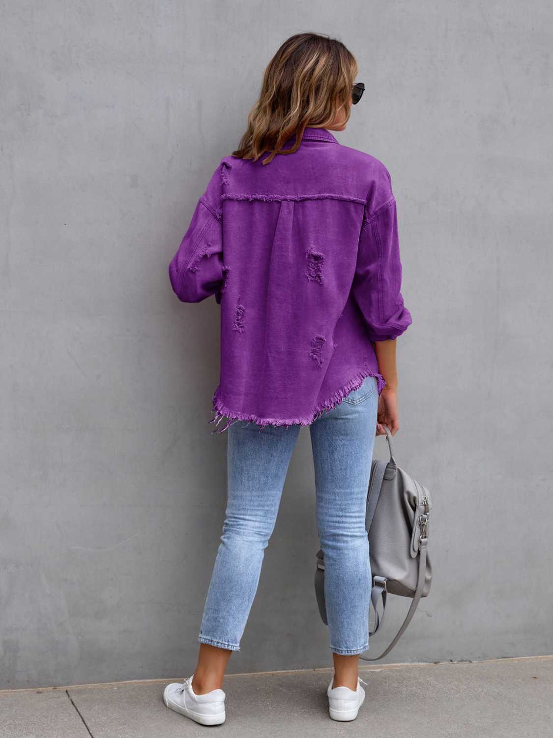 Distressed Drop Shoulder Denim Jacket Plus Size Trendsi