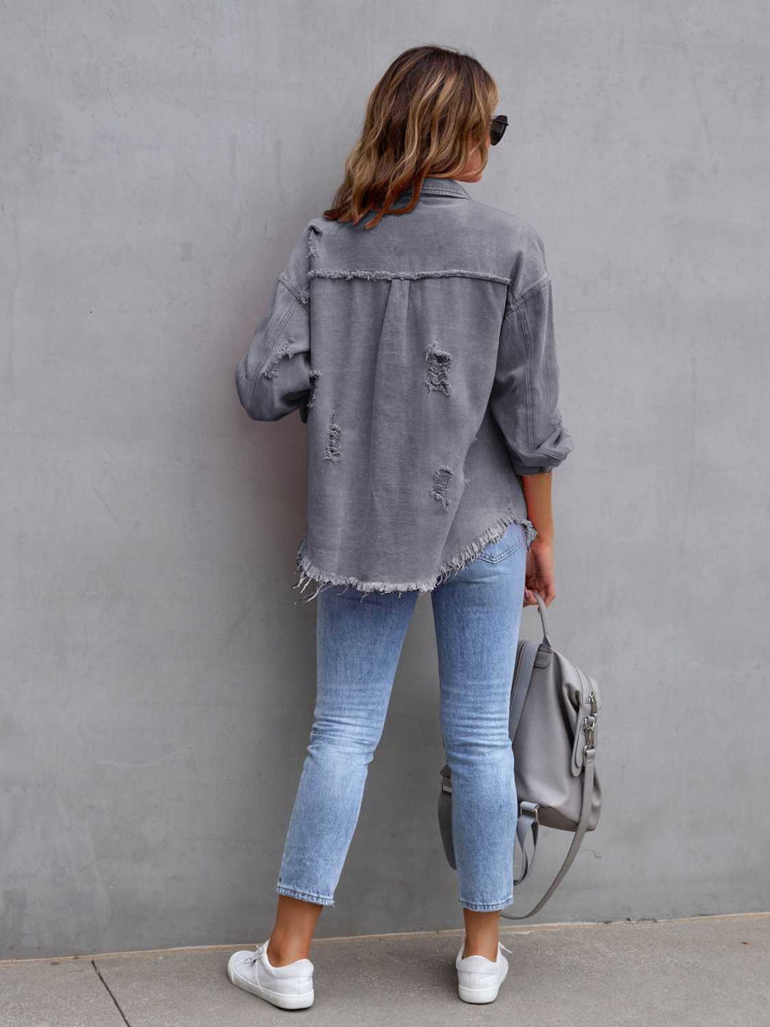 Distressed Drop Shoulder Denim Jacket Plus Size Trendsi