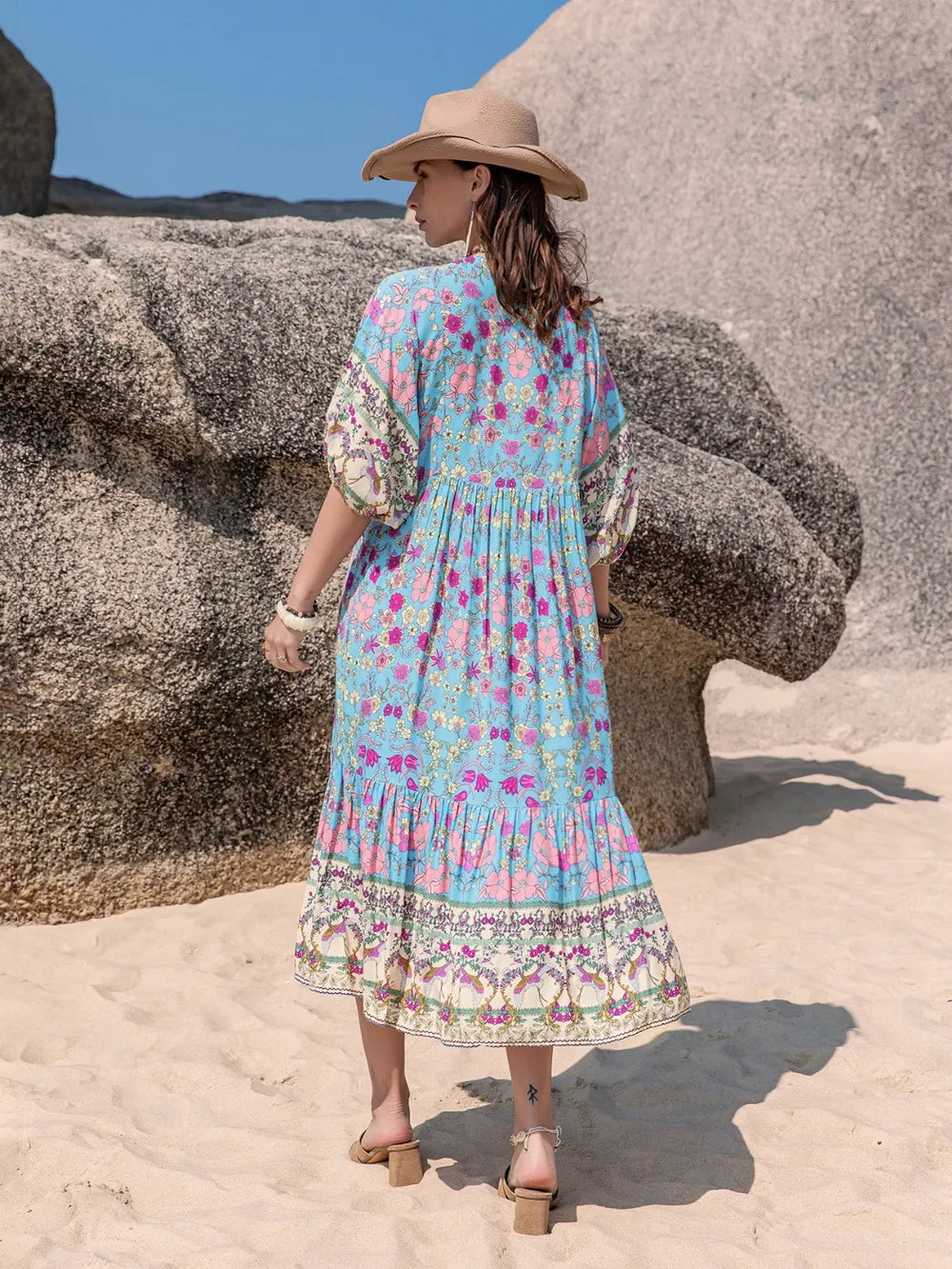 Boho Chic Printed Puff Sleeve Ruched Midi Dress Trendsi