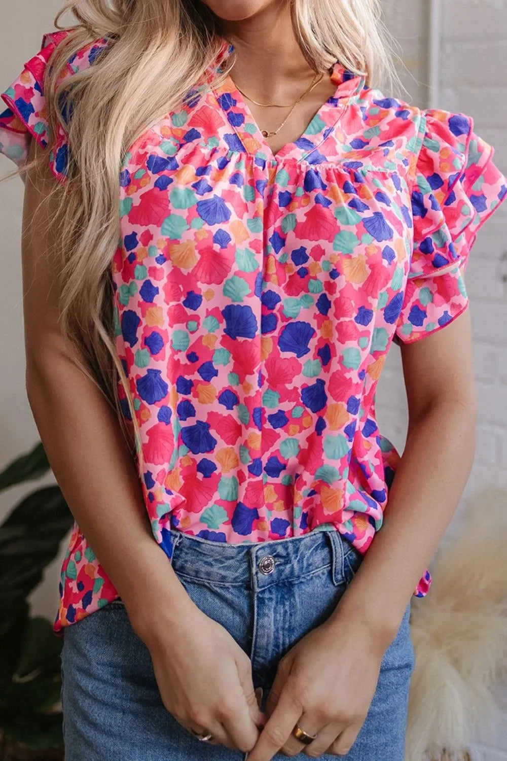 Abstract Print Ruffled Sleeve Notched Blouse Simply Love
