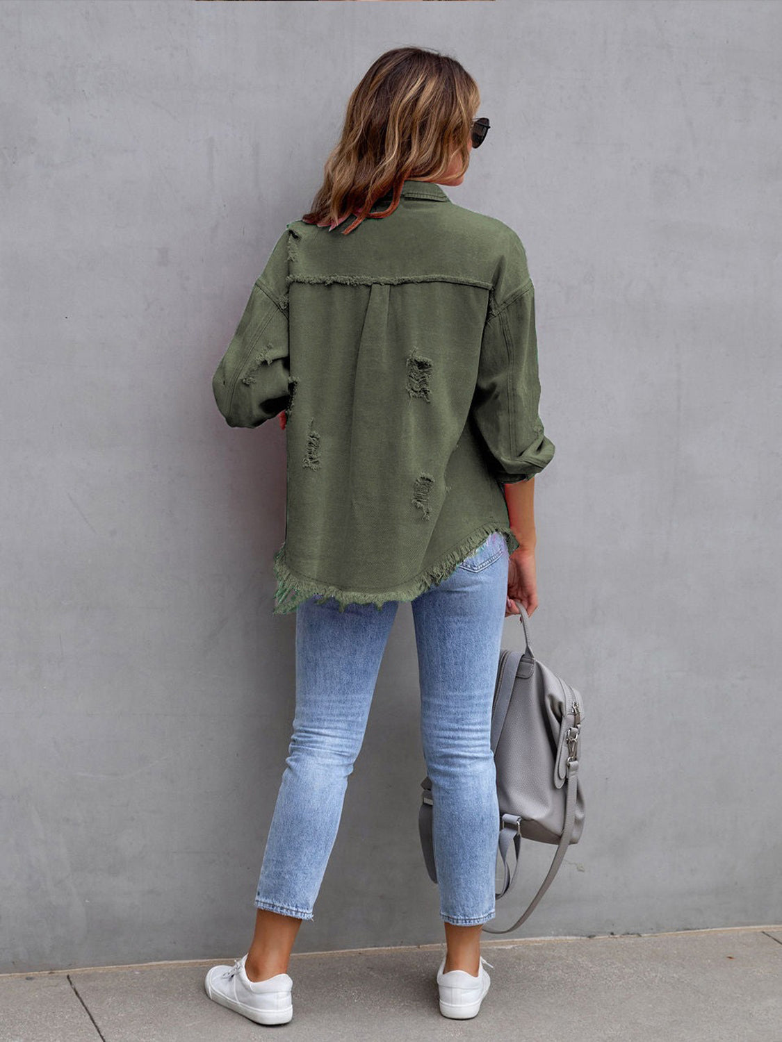Distressed Drop Shoulder Denim Jacket Plus Size Trendsi