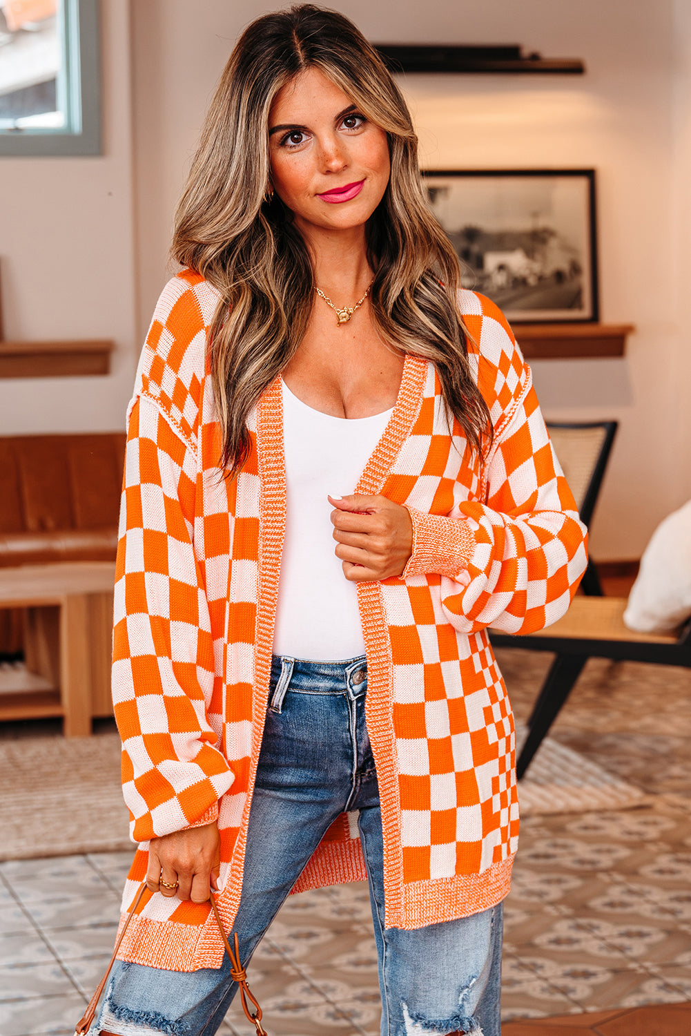 Wrenley Checkered Open Front Drop Shoulder Cardigan DAME BOHEME