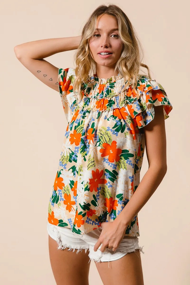 BiBi Multi Color Floral Print Woven Top Trendsi