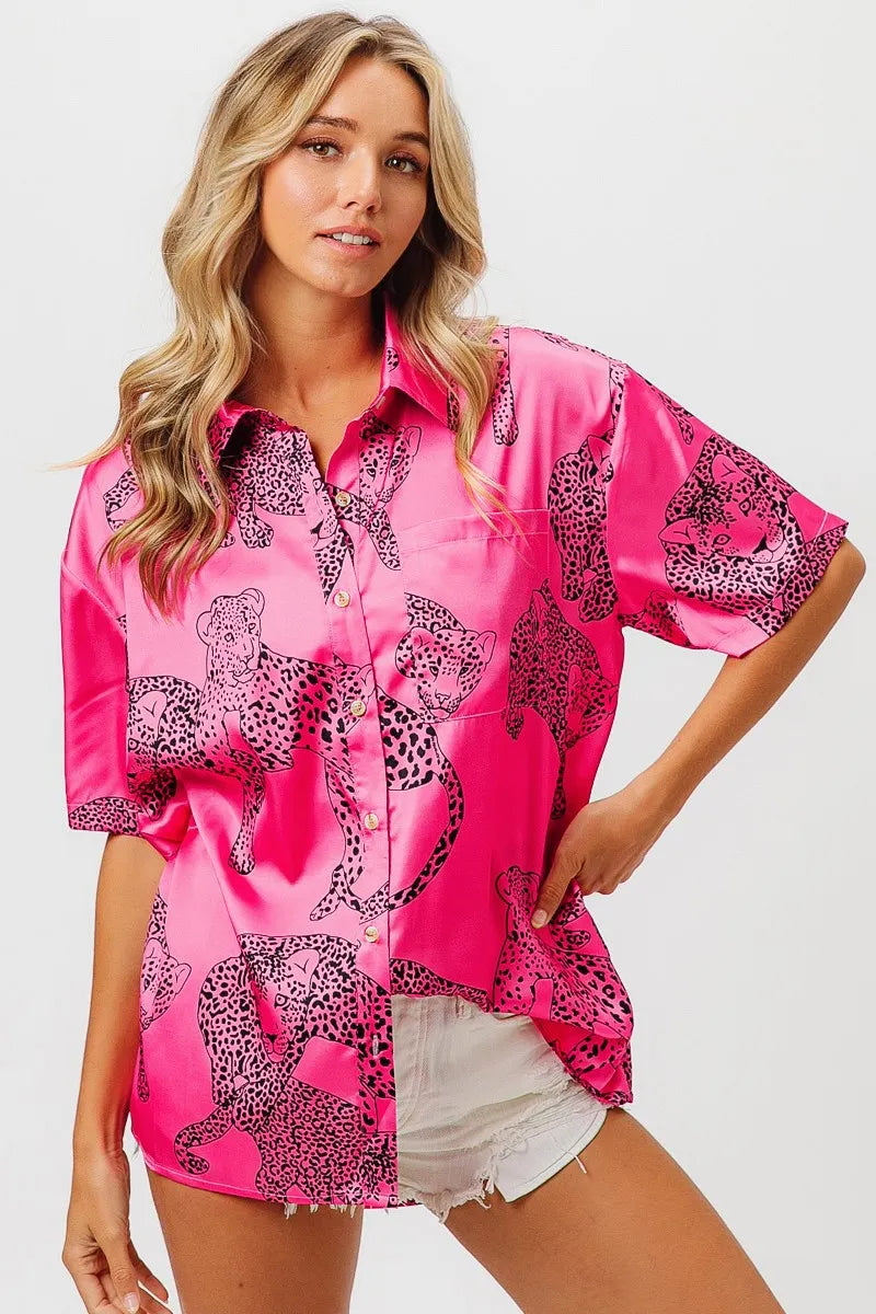 BiBi Leopard Print Short Sleeve Silky Satin Shirt Trendsi